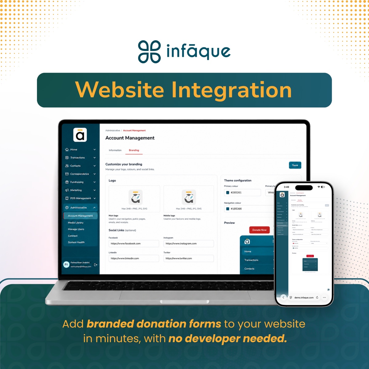 Infāque account management and branding configuration screen for customizing logo, colours, and social links on donation pages.